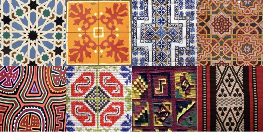 mosaic of textiles and tilework from around the Hispanic world