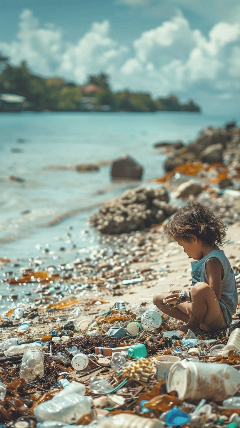 The image poignantly captures the innocence of youth contrasted against the backdrop of environmental neglect, as the beach is littered with an assortment of plastic and debris.