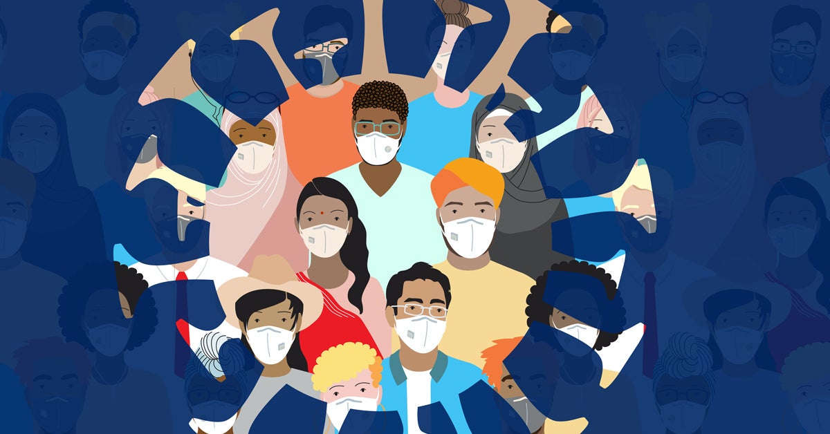 Illustration of coronavirus with people's faces superimposed